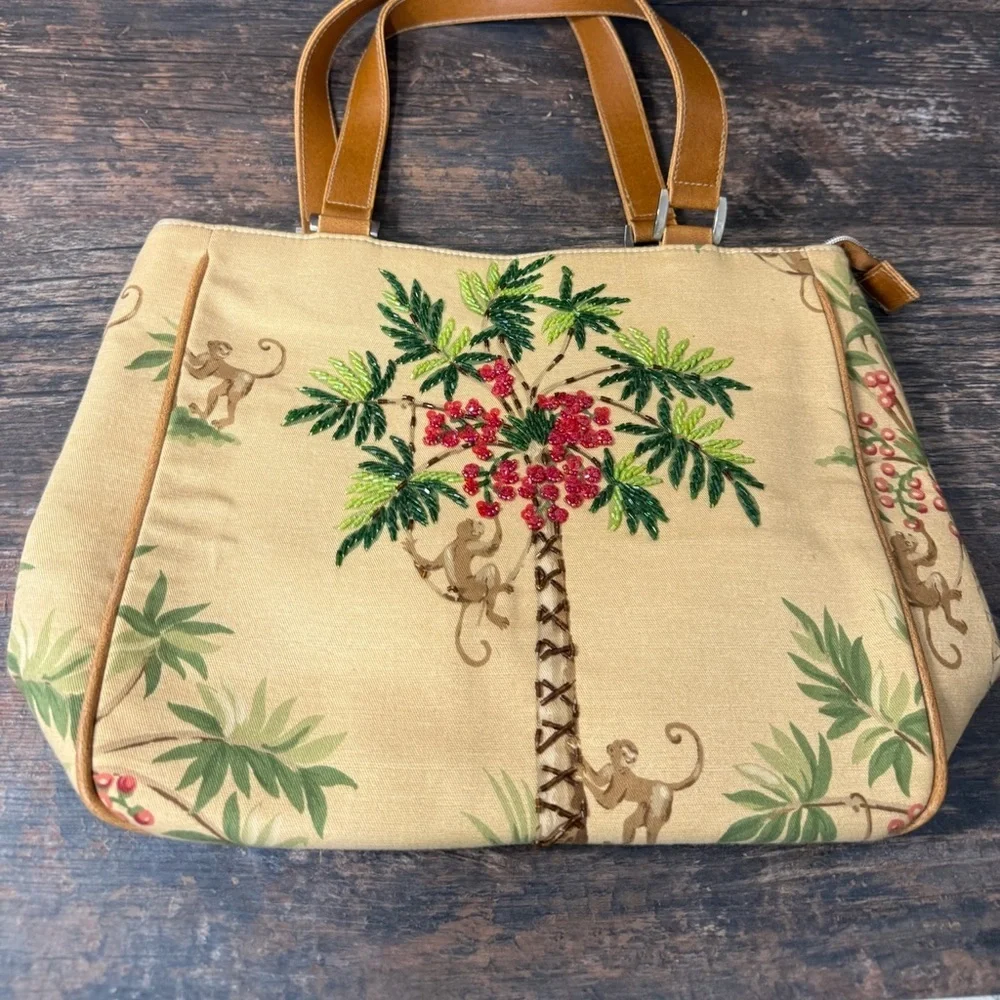 Tan and Green Tropical Tote Bag with Palm Design - Picture 1 of 5